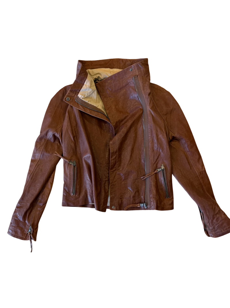 June Draped-Collar Leather Motorcycle Jacket — Tobacco, S