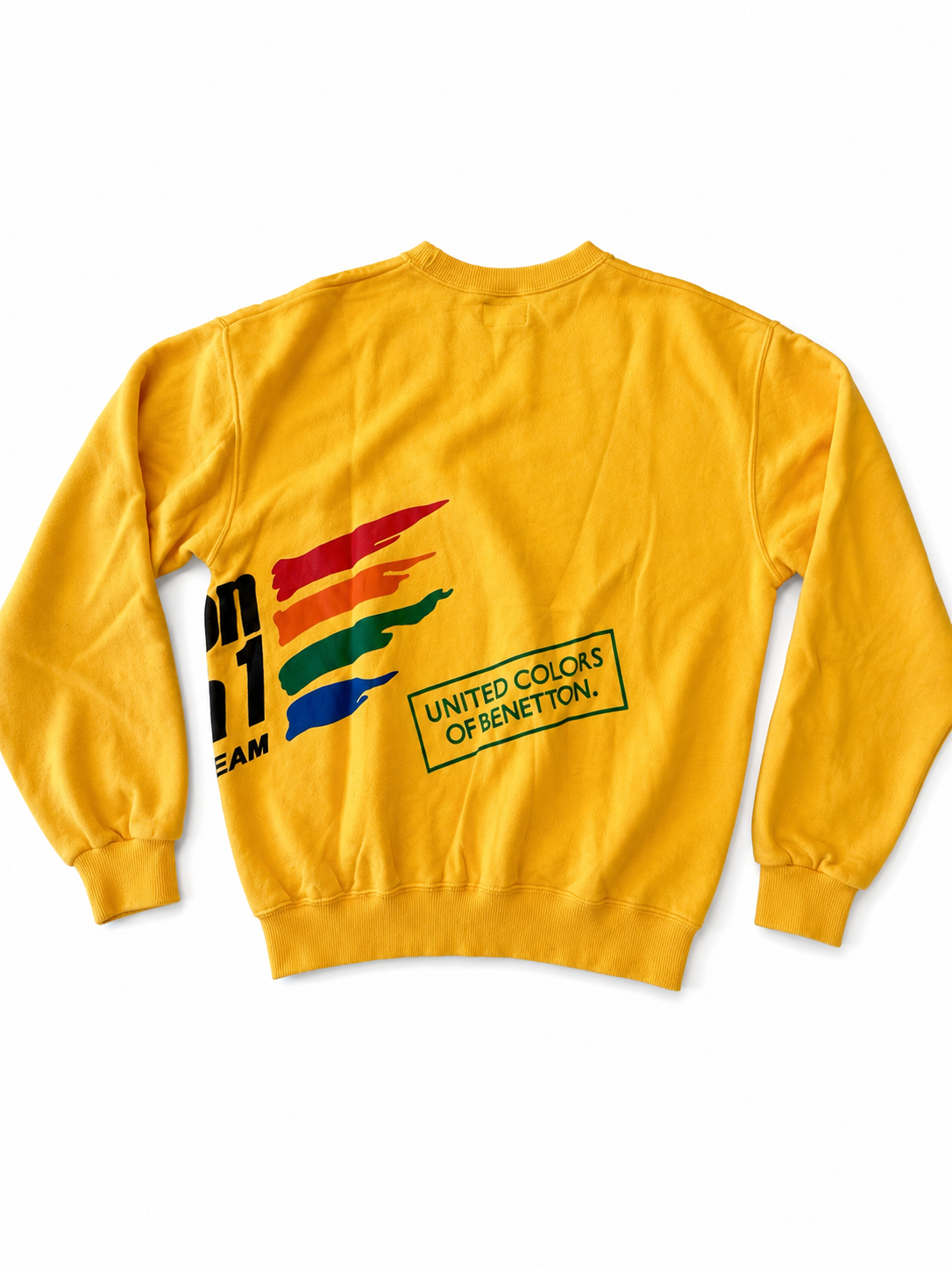 Vintage 1990s Benetton Formula 1 Racing Team Sweatshirt – Yellow Crewneck – Size Large