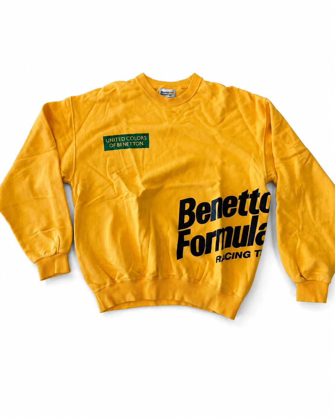 Vintage 1990s Benetton Formula 1 Racing Team Sweatshirt – Yellow Crewneck – Size Large
