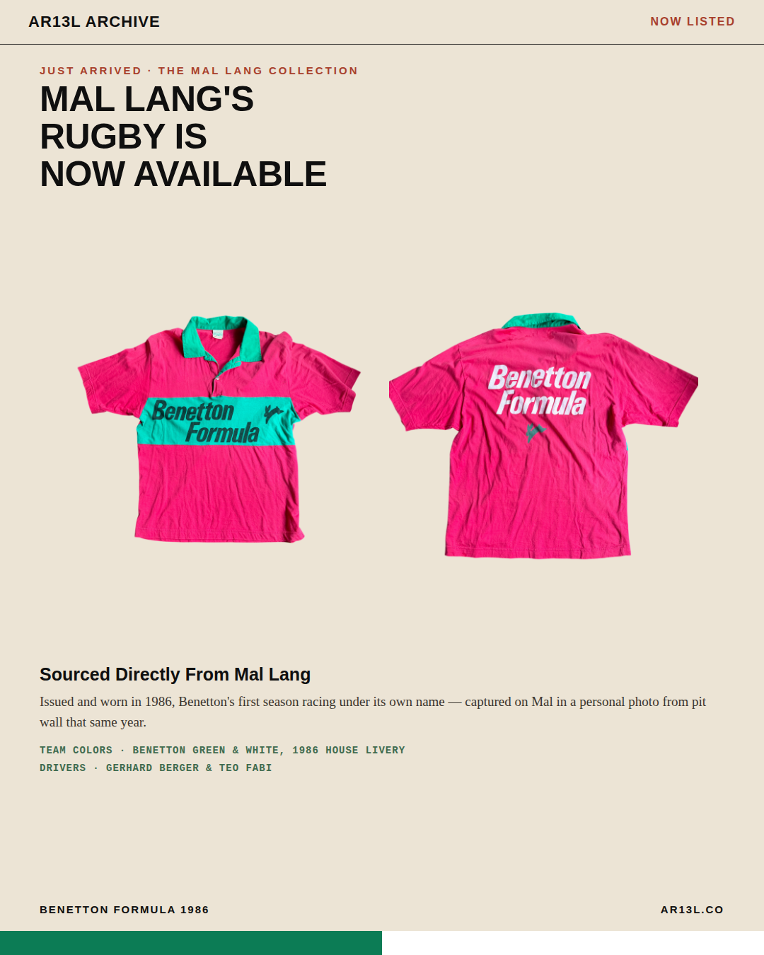 Benetton Formula Team-Issue Rugby Shirt | Mal Lang Collection