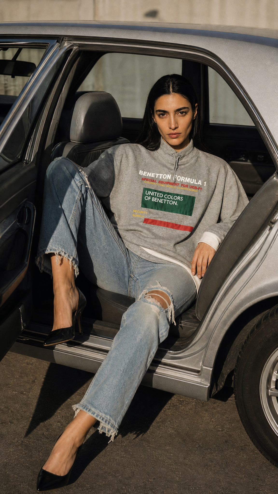 Vintage Benetton Formula 1 Mock Neck Sweatshirt – Heather Grey – Size Large