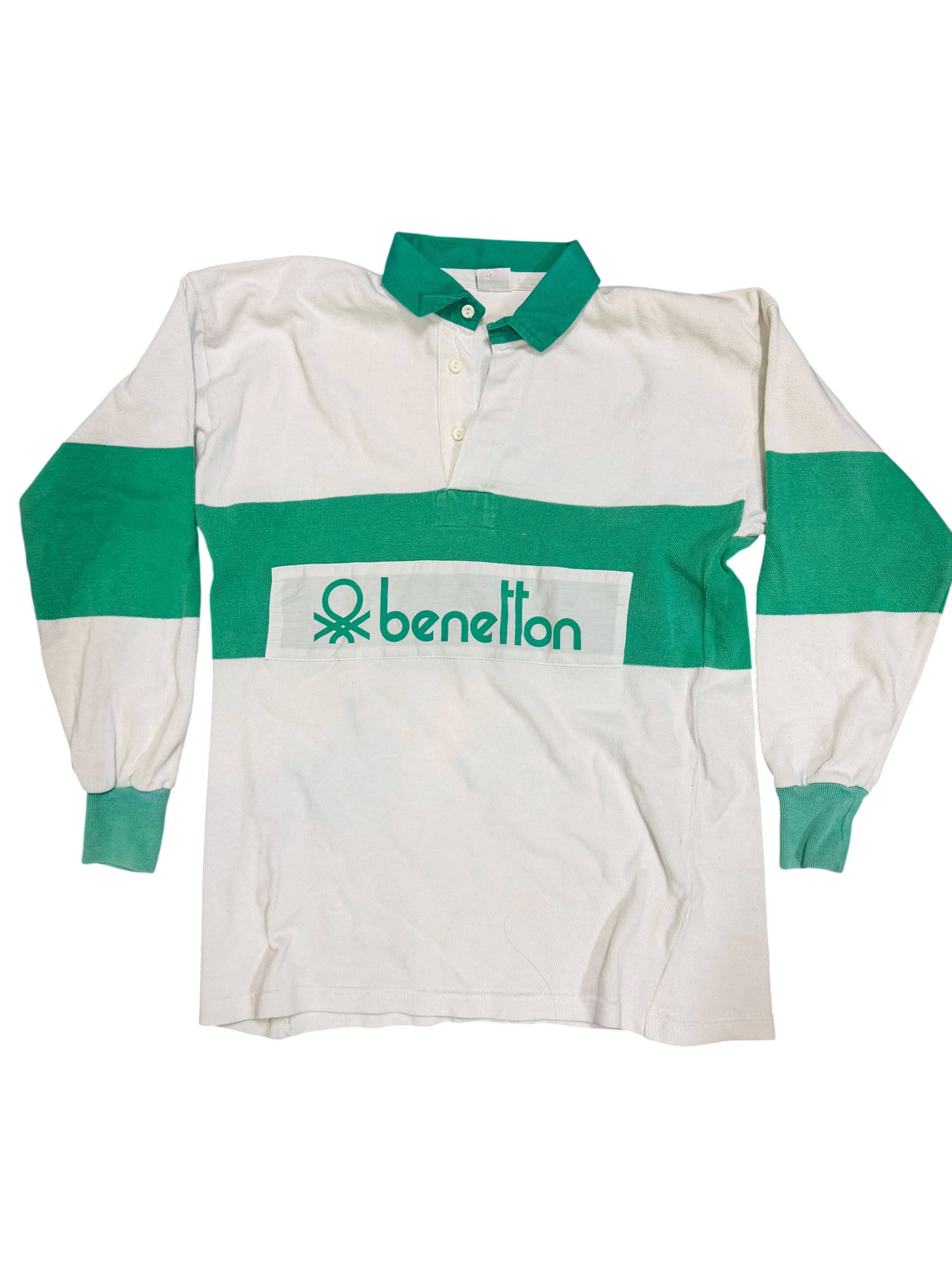 Vintage Benetton Colorblock Rugby Shirt | Green & White | Made in Italy Medium