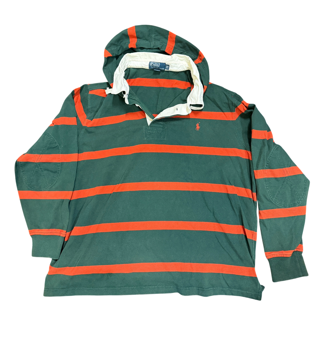 Vintage Polo Ralph Lauren Hooded Rugby Shirt | Forest Green & Red Stripe | Elbow Patch 2XB
