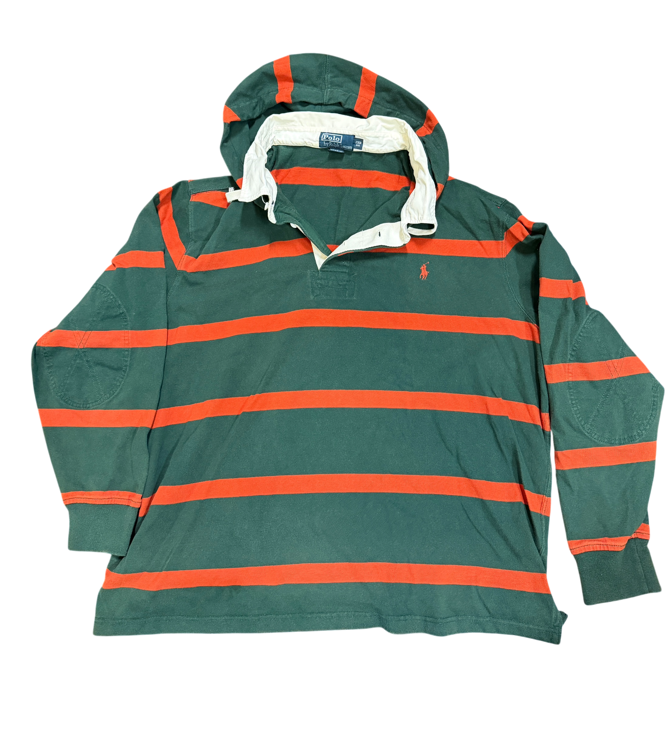 Vintage Polo Ralph Lauren Hooded Rugby Shirt | Forest Green & Red Stripe | Elbow Patch 2XB