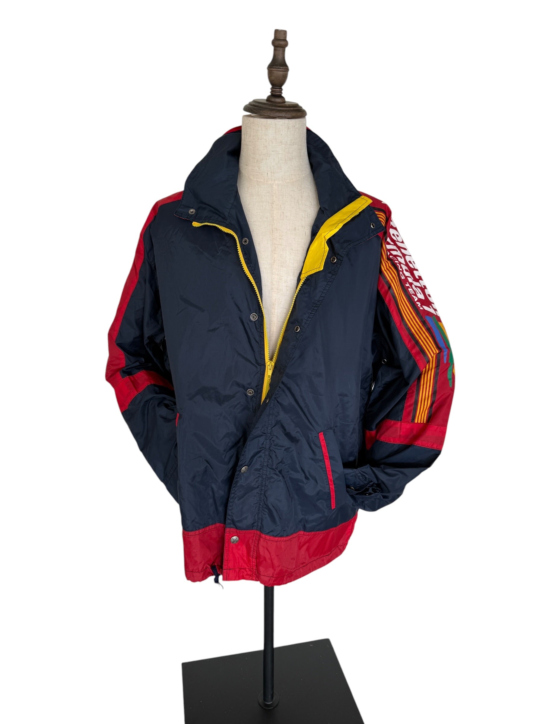 Vintage Benetton Formula 1 Racing Team Windbreaker Jacket | Team Outerwear | Hidden Hood | Size 48–50
