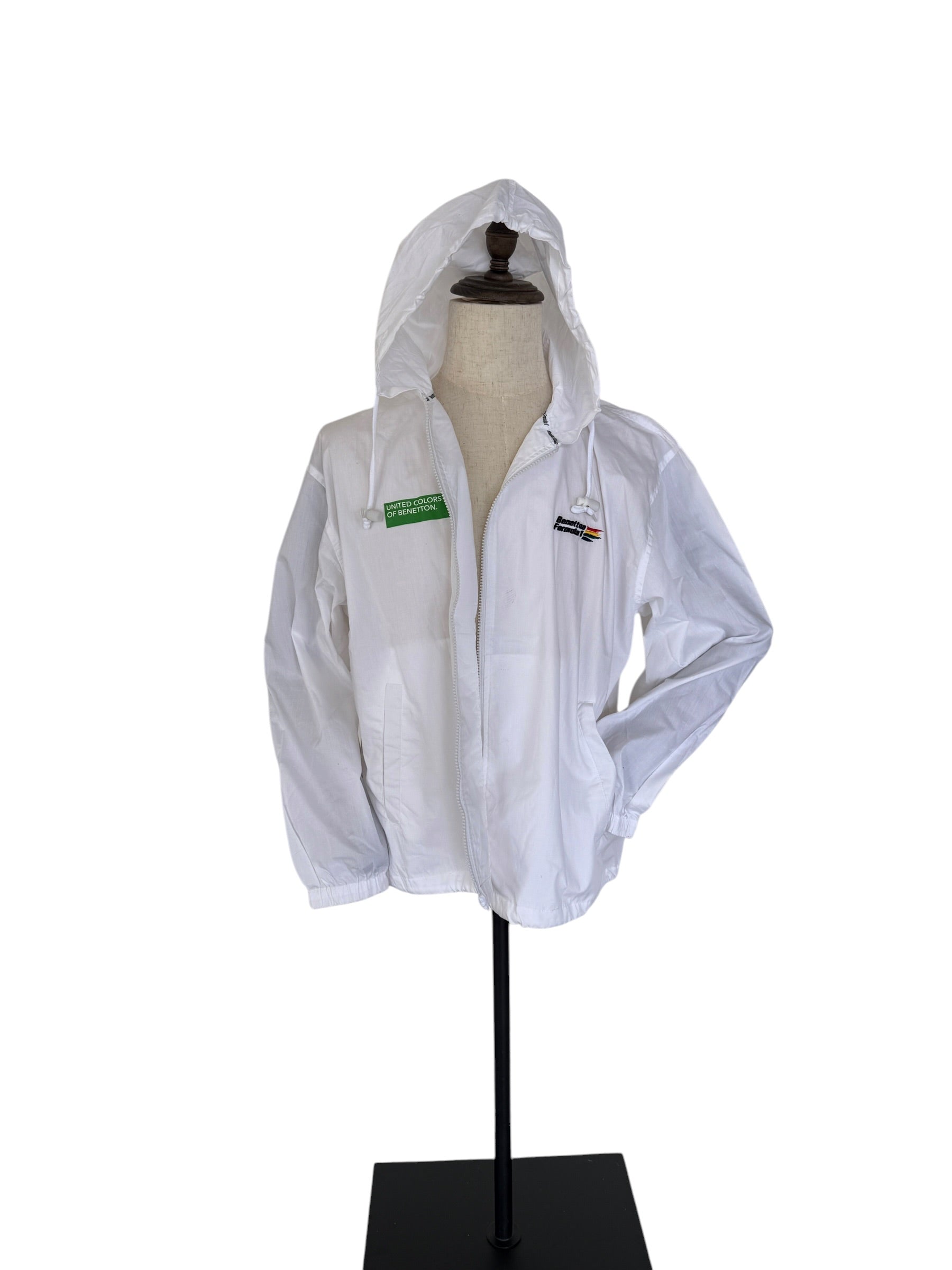 Vintage Benetton Formula 1 Racing Team Hooded Windbreaker | Official Licensed Jacket | White | Size L