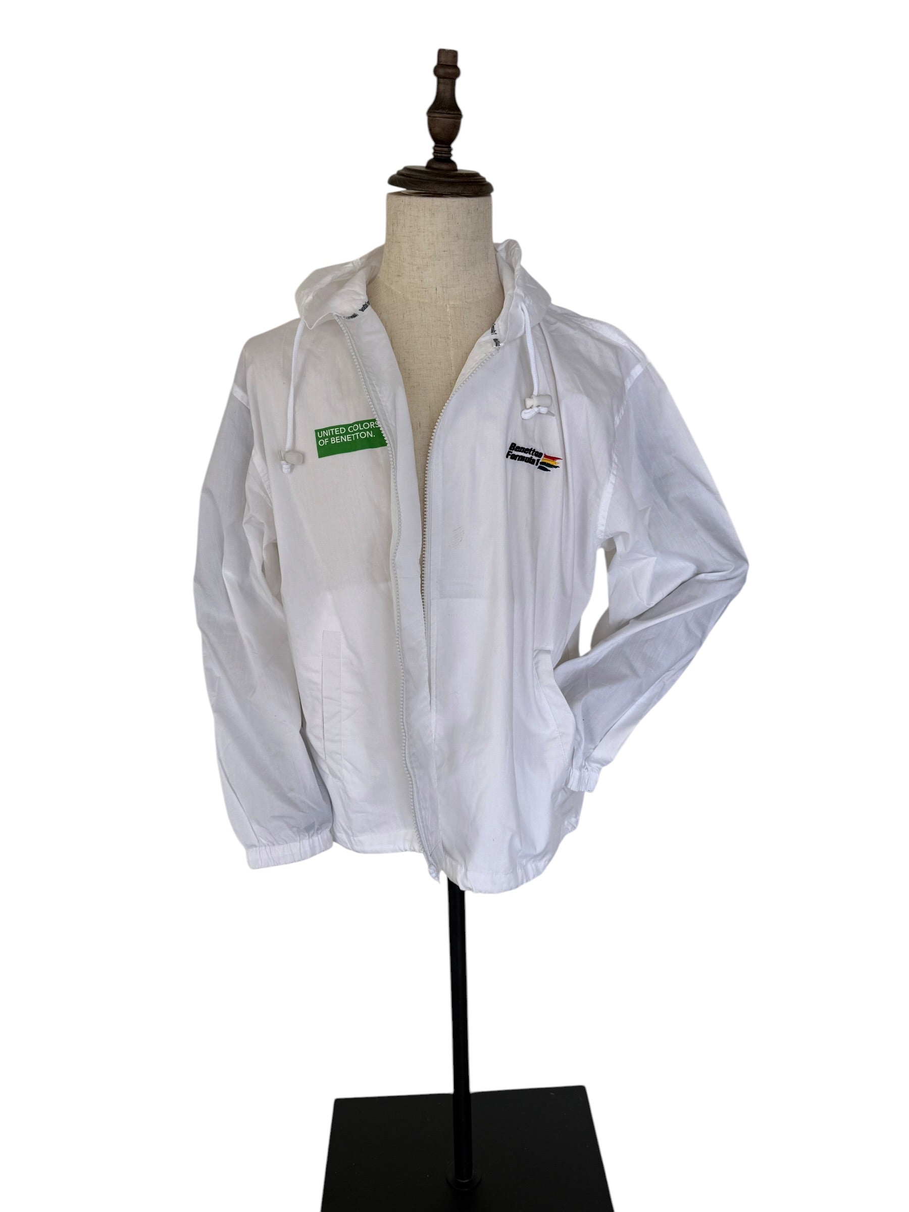 Vintage Benetton Formula 1 Racing Team Hooded Windbreaker | Official Licensed Jacket | White | Size L