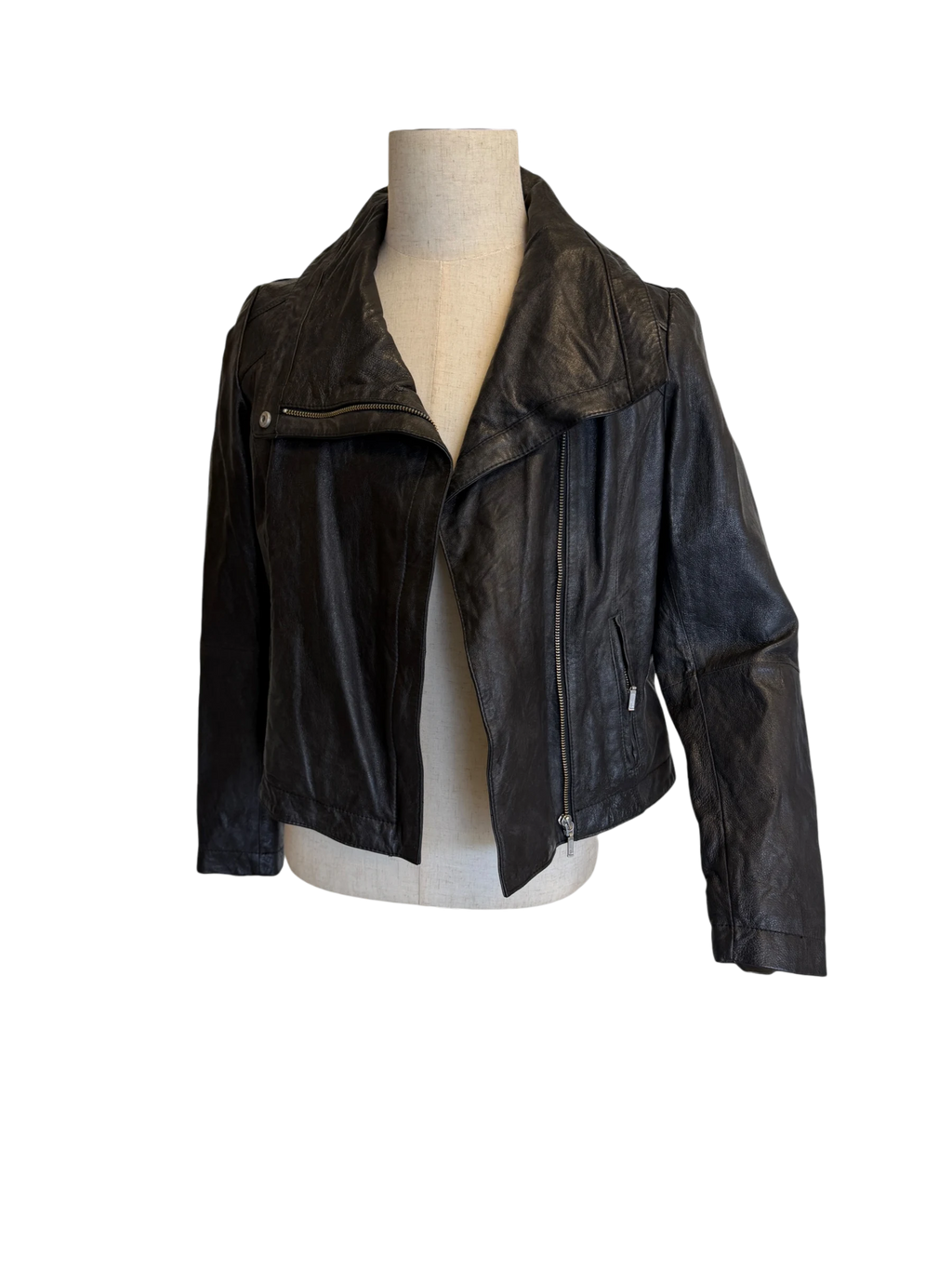 Rezrekshn by Esther Chen Leather Biker Jacket — Black, M