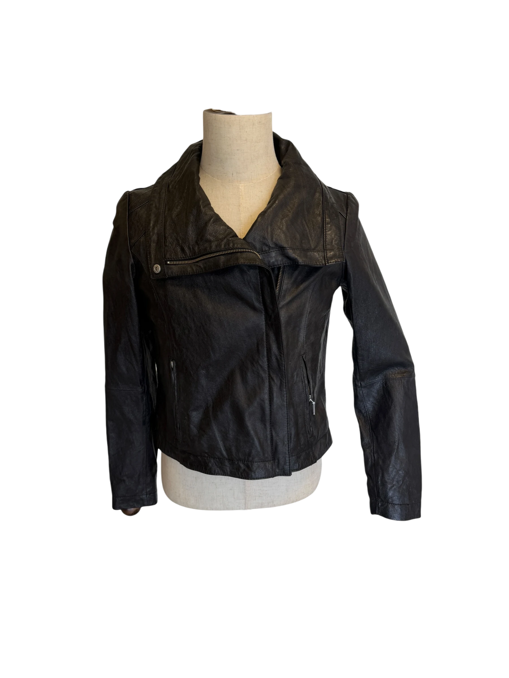 Rezrekshn by Esther Chen Leather Biker Jacket — Black, M