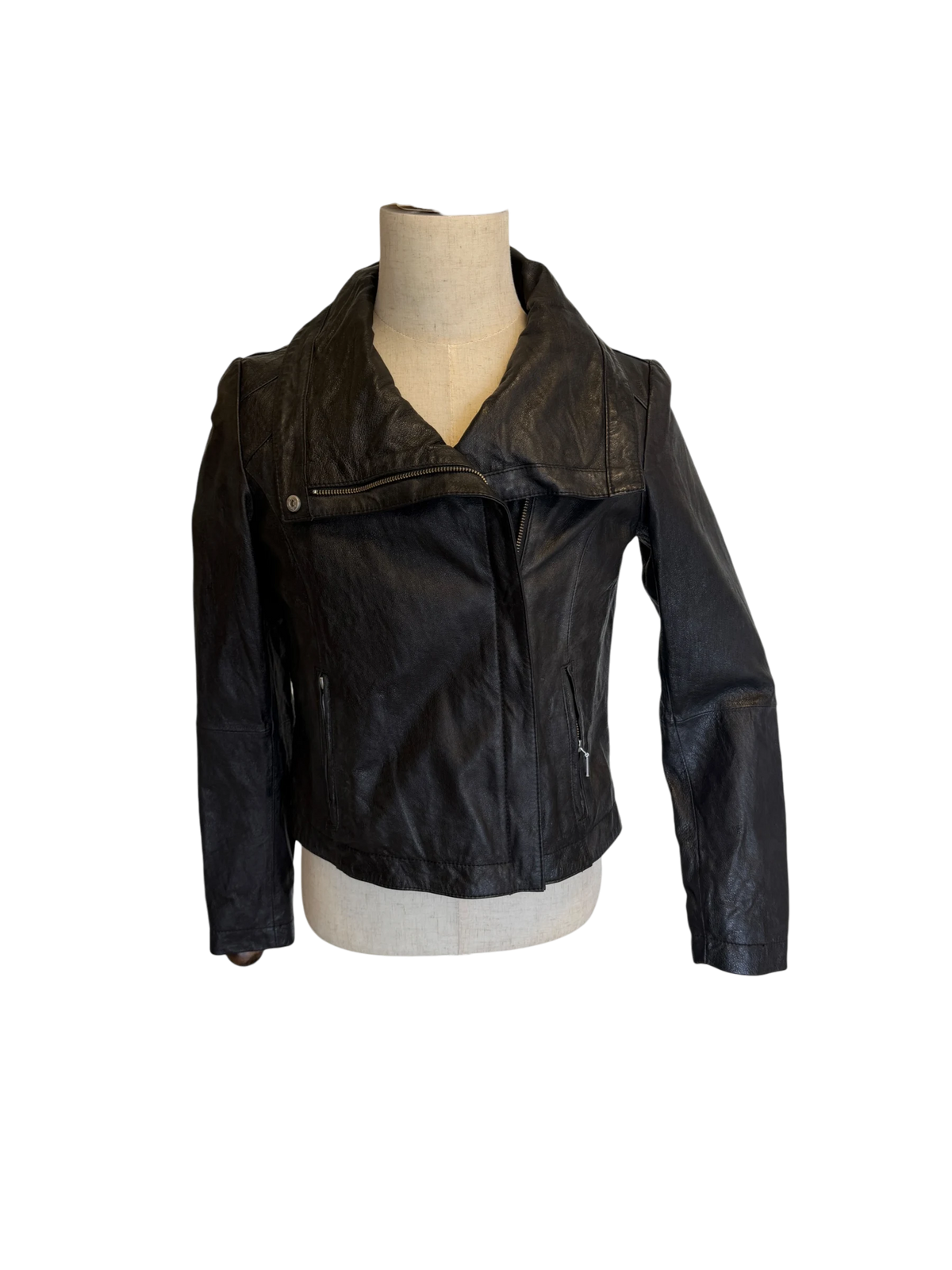 Rezrekshn by Esther Chen Leather Biker Jacket — Black, M