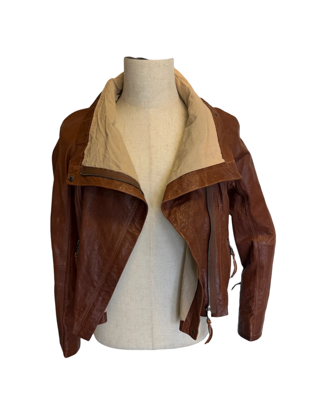 June Draped-Collar Leather Motorcycle Jacket — Tobacco, S