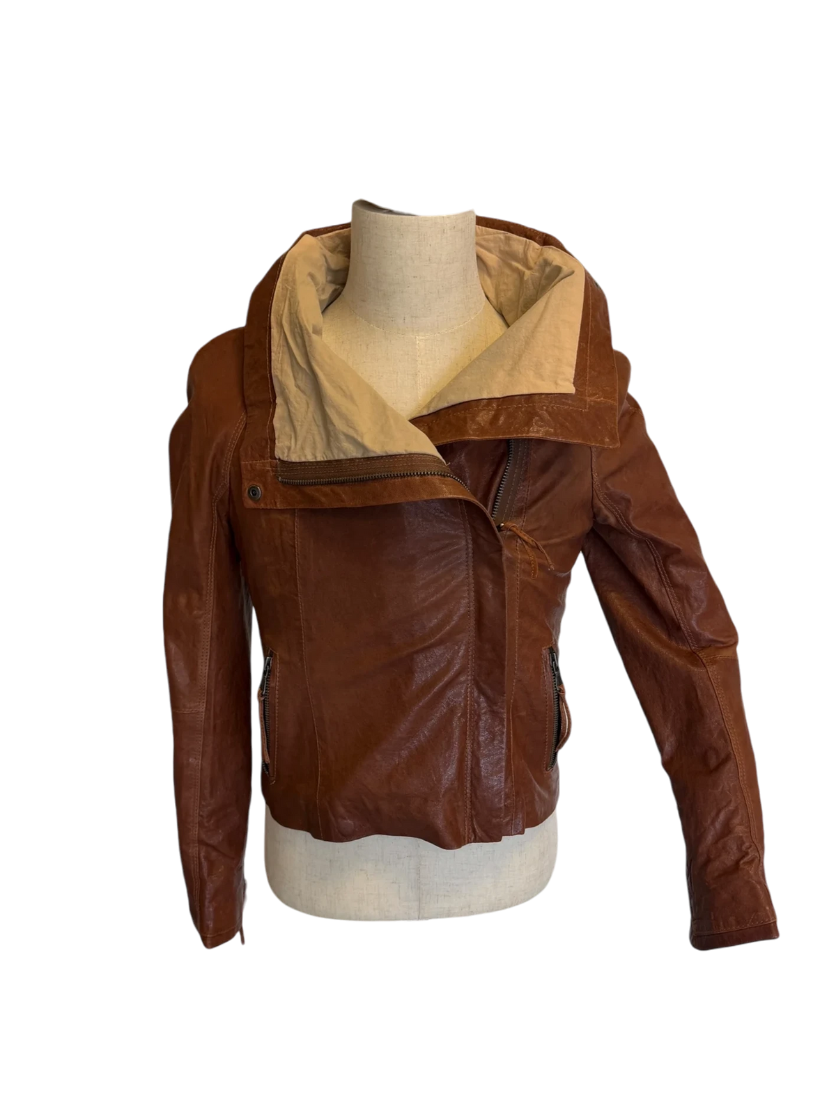 June Draped-Collar Leather Motorcycle Jacket — Tobacco, S