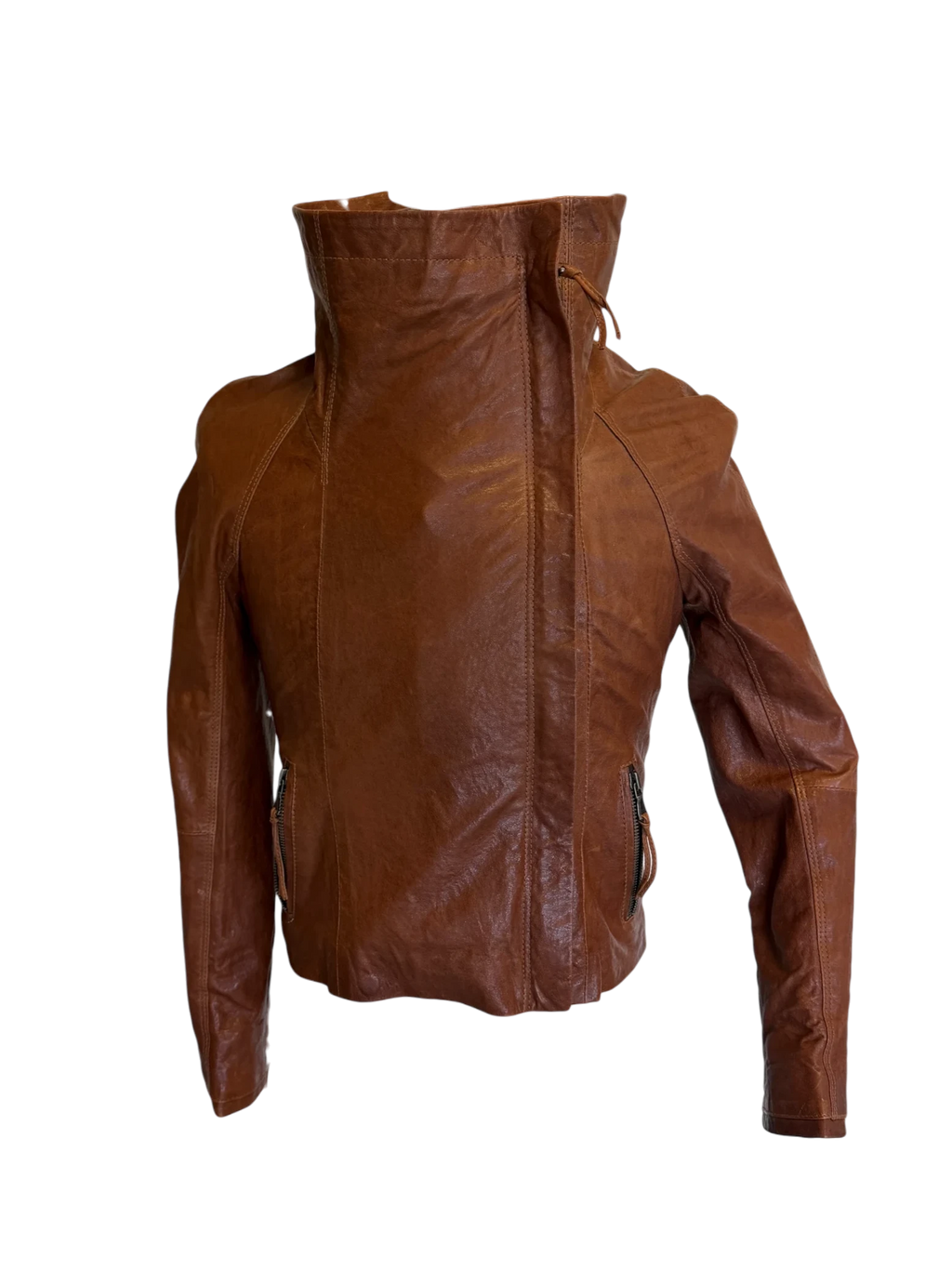 June Draped-Collar Leather Motorcycle Jacket — Tobacco, S