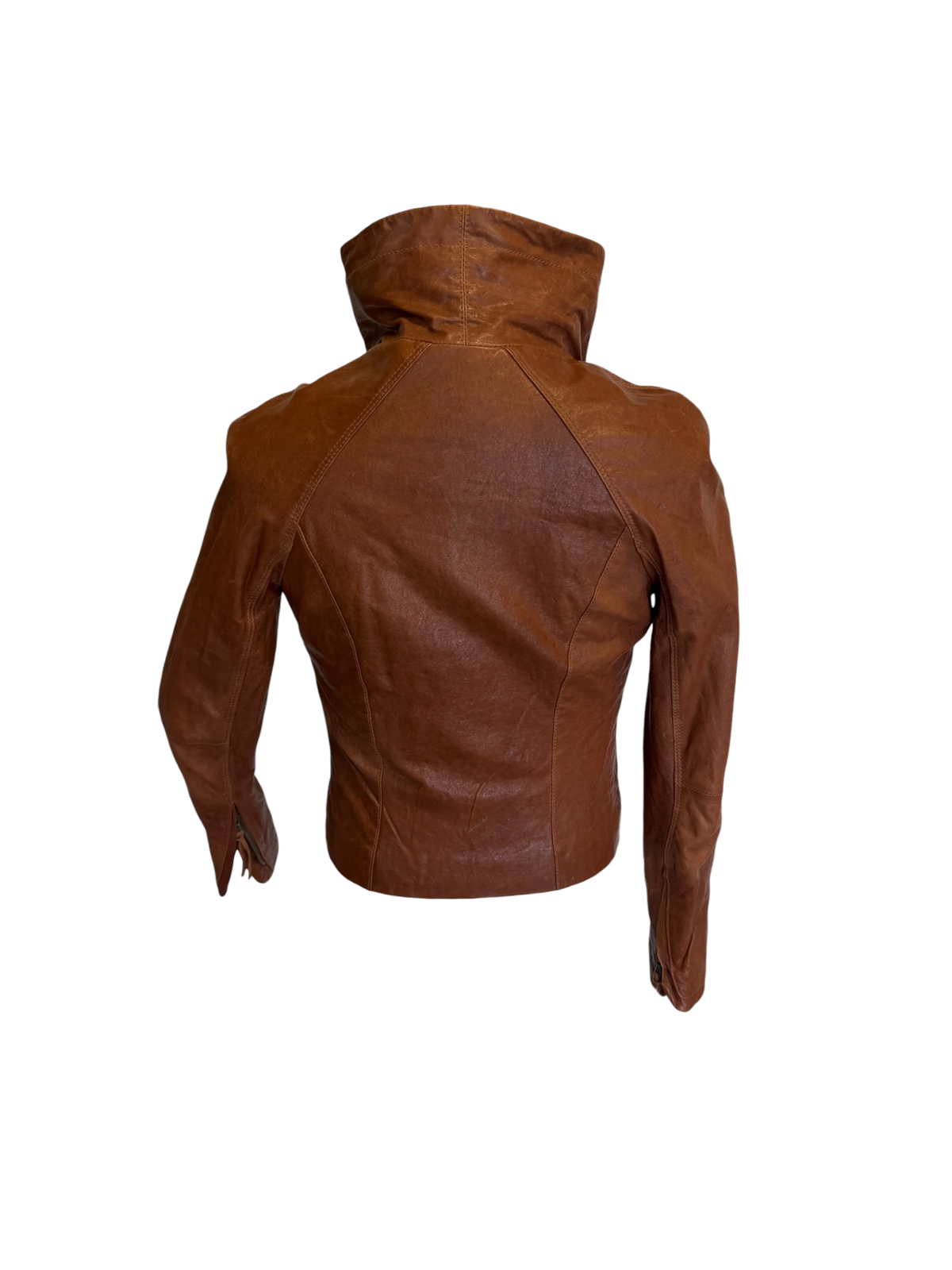 June Draped-Collar Leather Motorcycle Jacket — Tobacco, S
