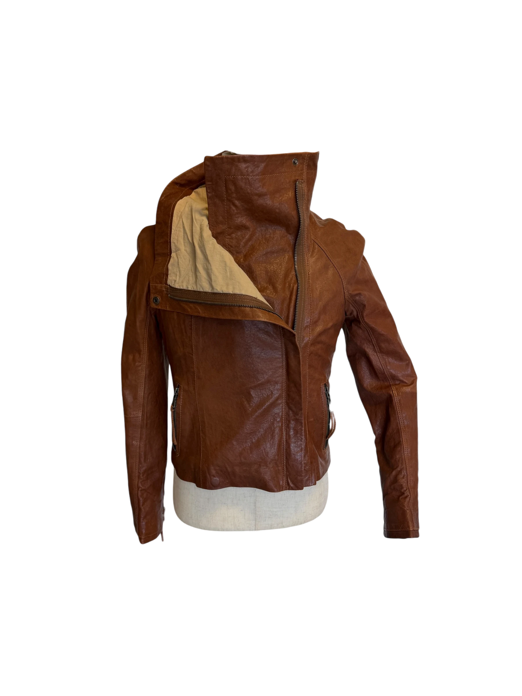 June Draped-Collar Leather Motorcycle Jacket — Tobacco, S