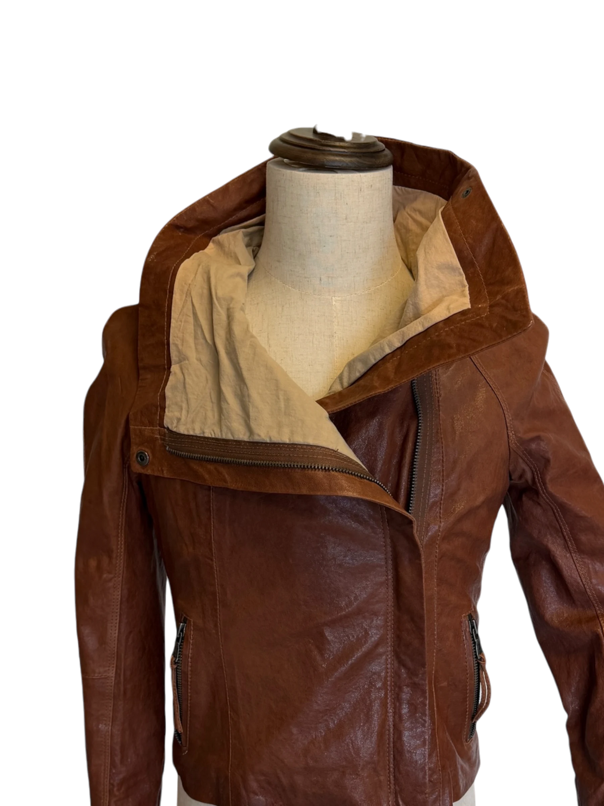 June Draped-Collar Leather Motorcycle Jacket — Tobacco, S