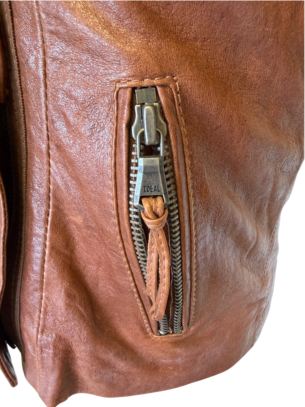 June Draped-Collar Leather Motorcycle Jacket — Tobacco, S