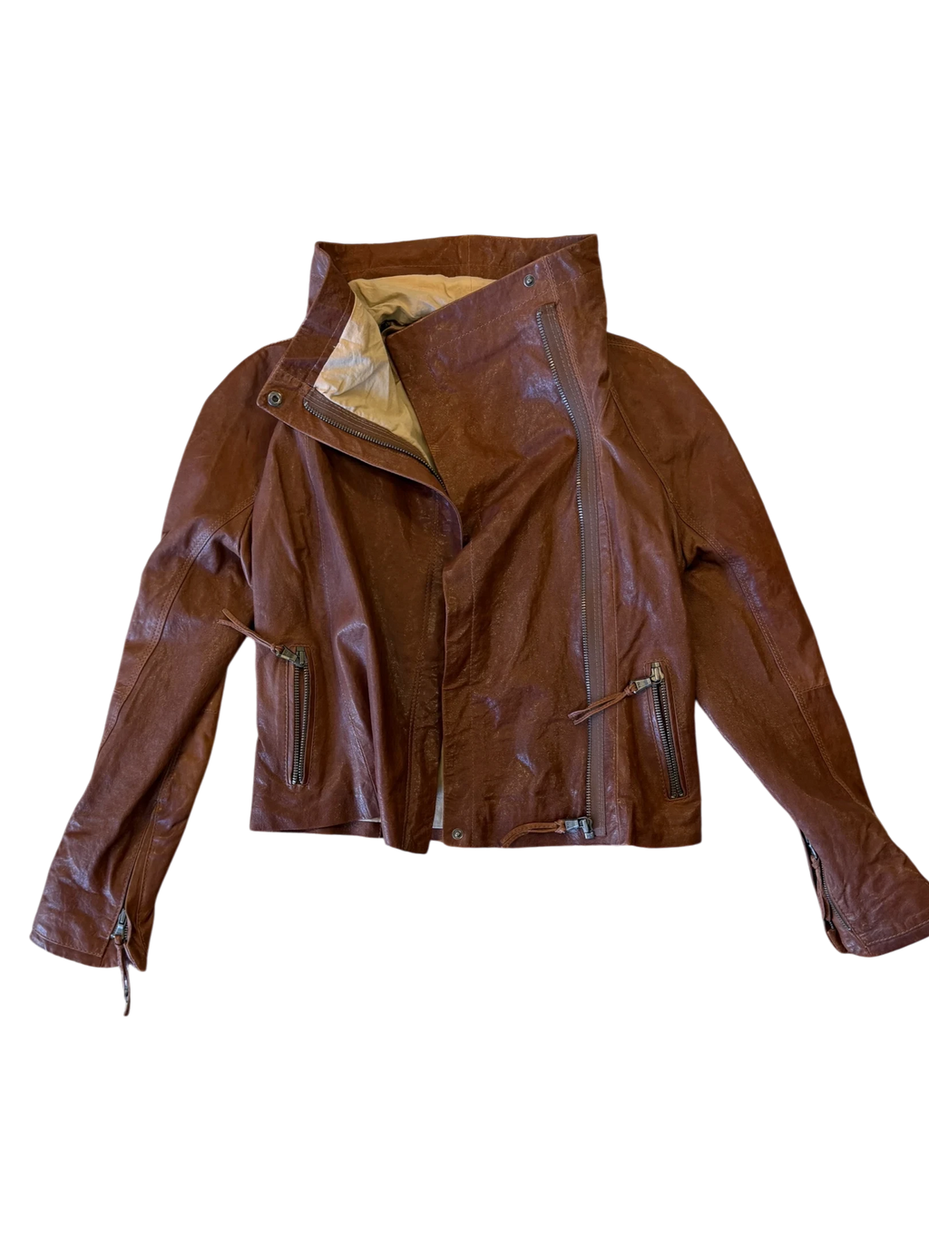 June Draped-Collar Leather Motorcycle Jacket — Tobacco, S