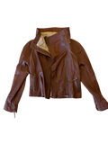 June Draped-Collar Leather Motorcycle Jacket — Tobacco, S
