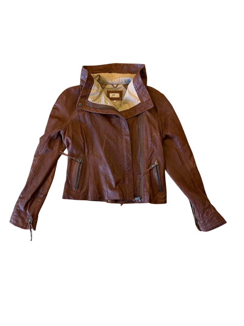 June Draped-Collar Leather Motorcycle Jacket — Tobacco, S