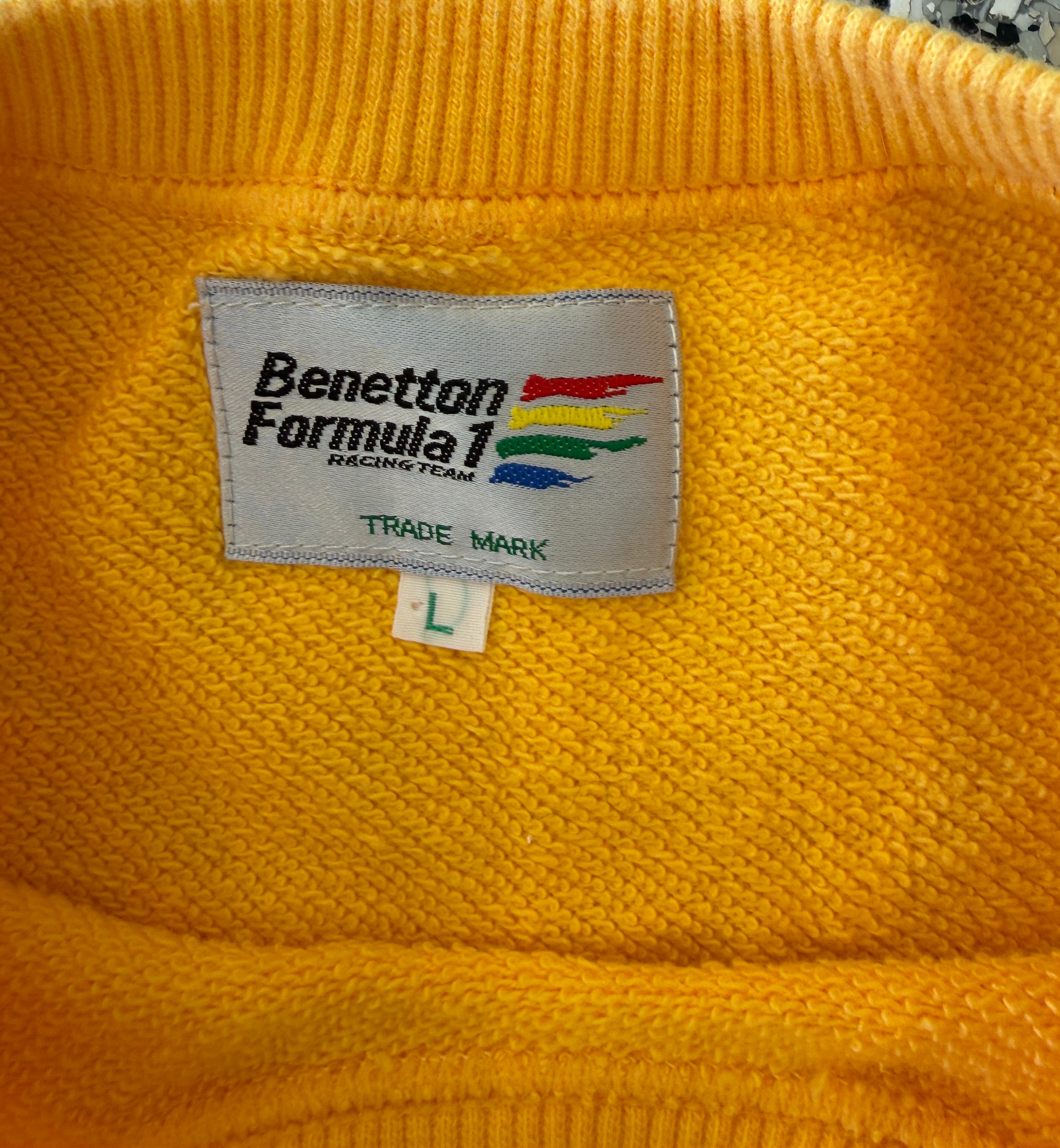 Vintage 1990s Benetton Formula 1 Racing Team Sweatshirt – Yellow Crewneck – Size Large