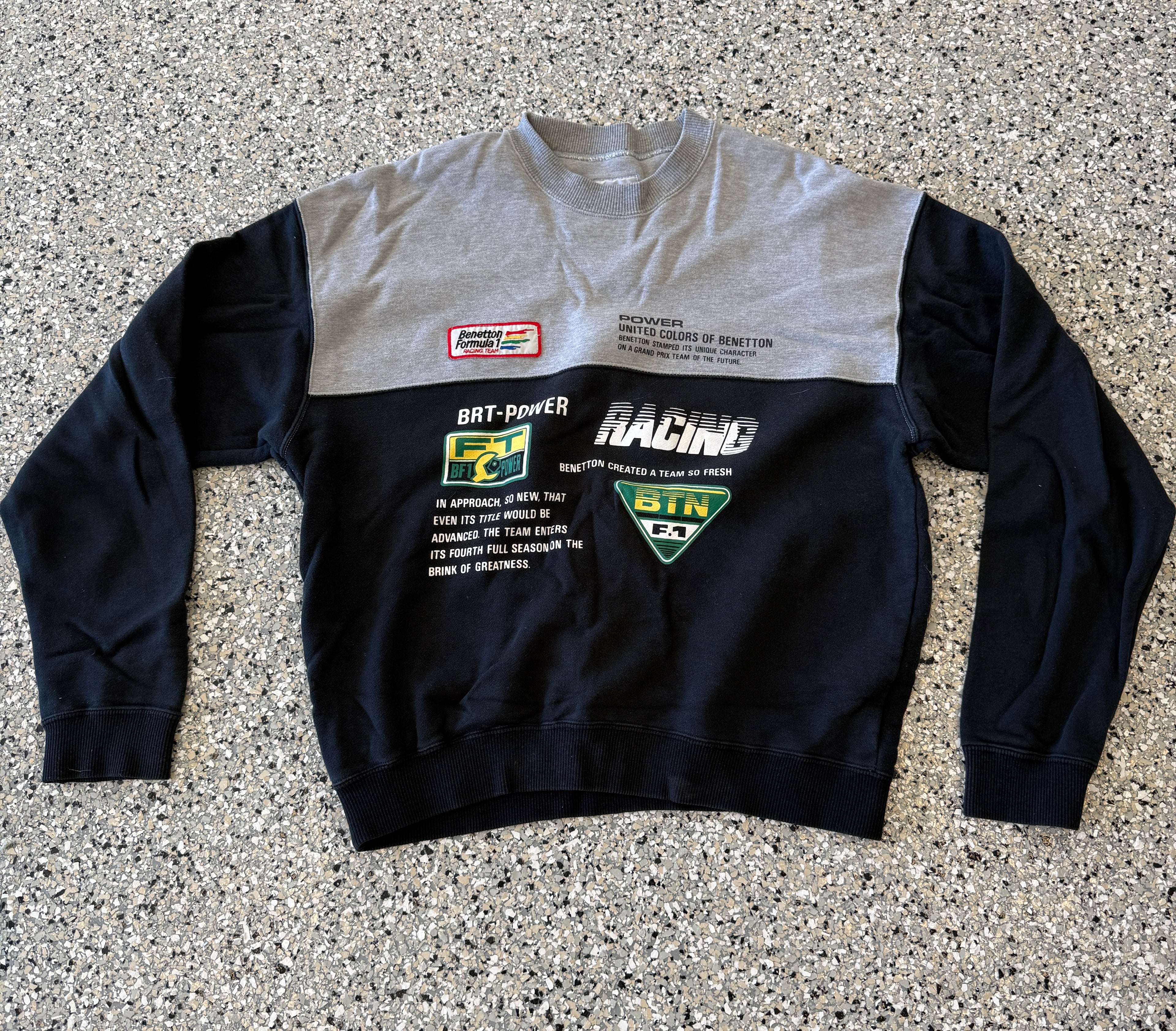 Vintage Benetton Formula 1 Racing Team Crewneck Sweatshirt – Rare BRT Power Racing Graphic – Made in Italy Era