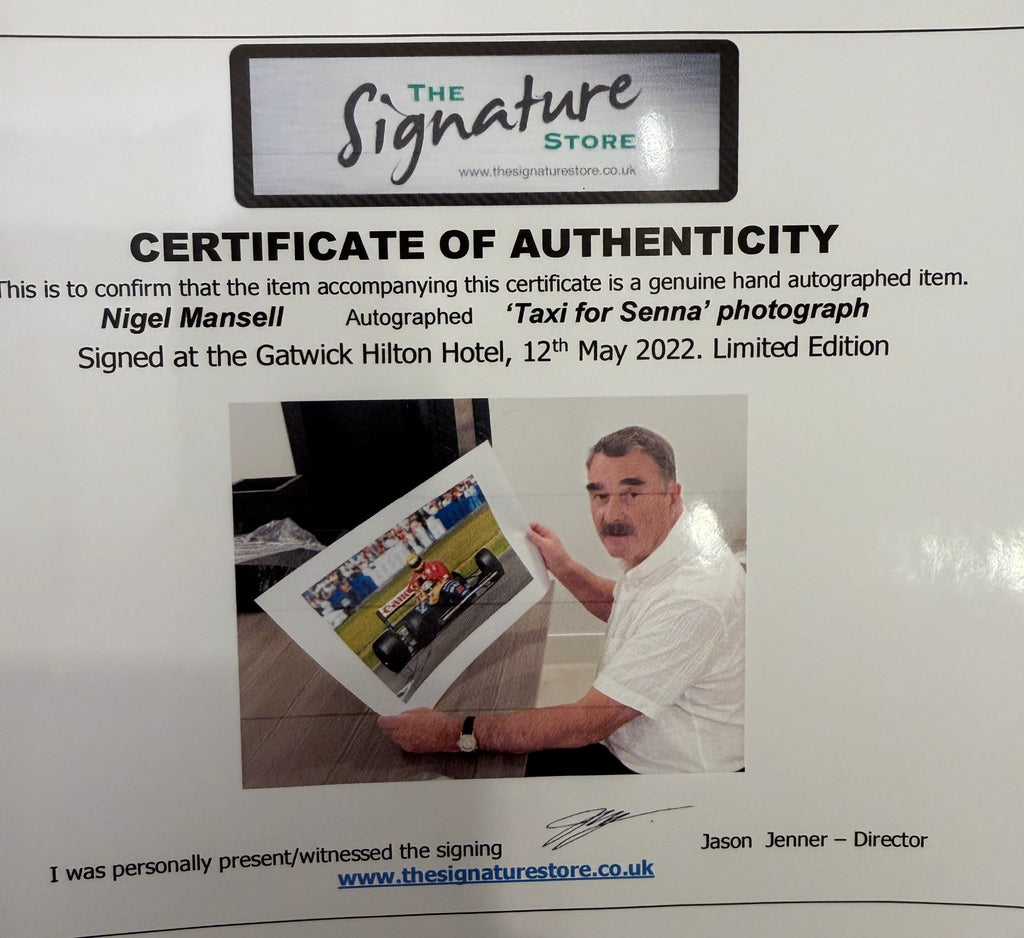 Nigel Mansell Signed 'Taxi for Senna' Photograph | 1991 British Grand Prix, Silverstone | Limited Edition