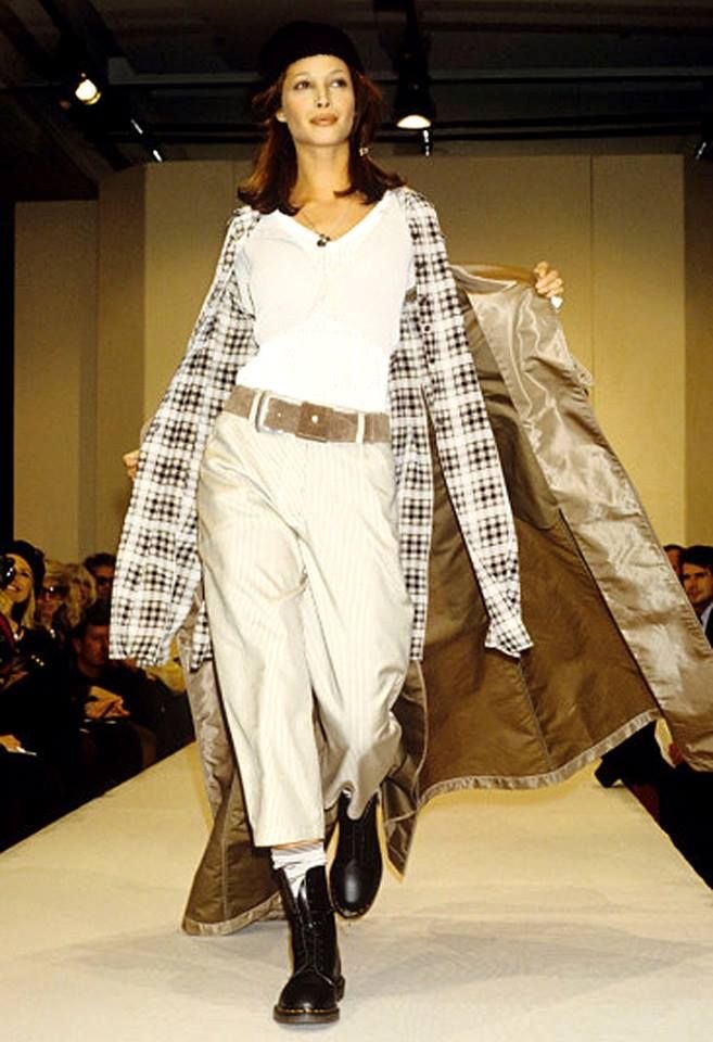 Runway look: long check coat over wide cream trousers