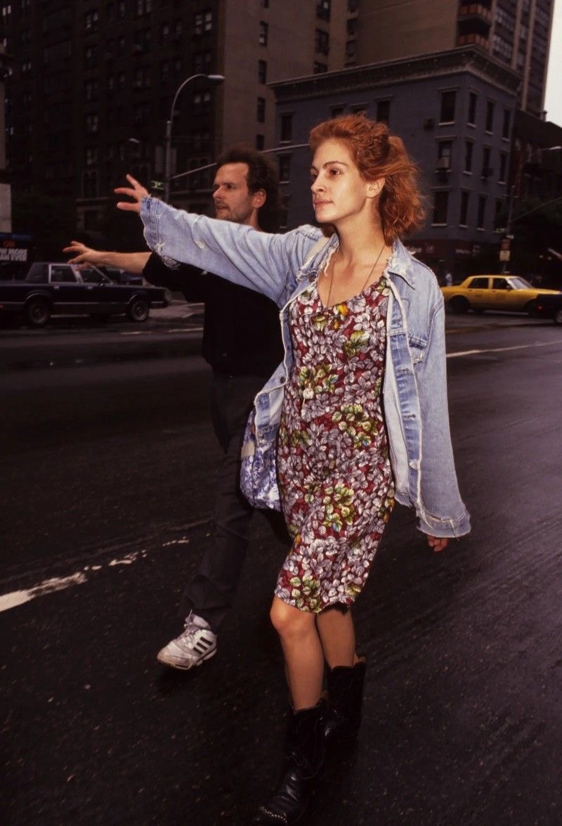 Floral dress, faded denim jacket and boots