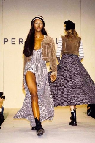 Perry Ellis runway: long print dress with boots