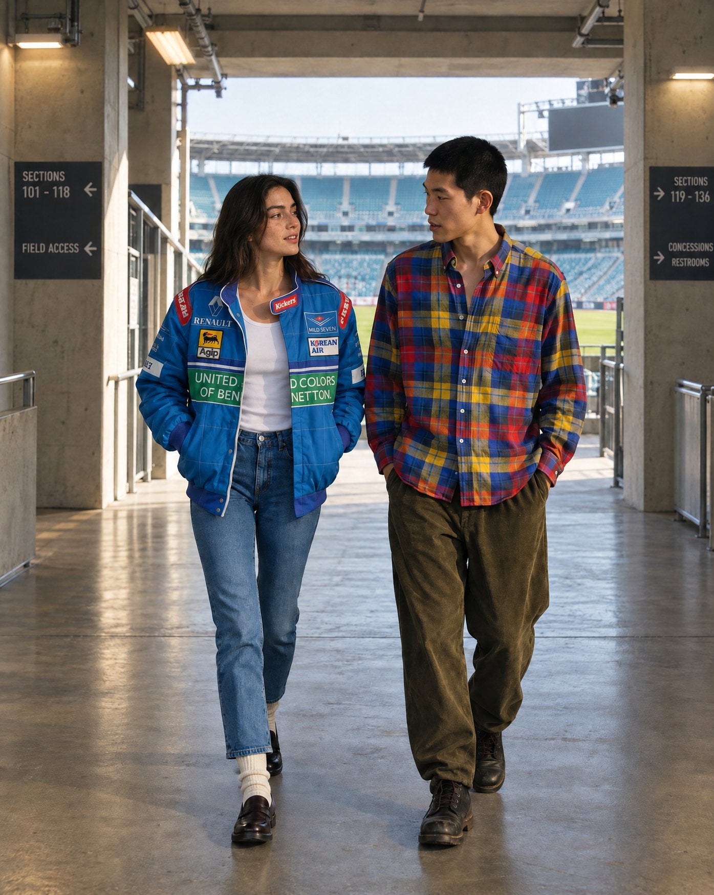 Two people walking a stadium concourse, one in a blue Benetton Formula 1 jacket and jeans, one in a bright plaid flannel shirt and cords